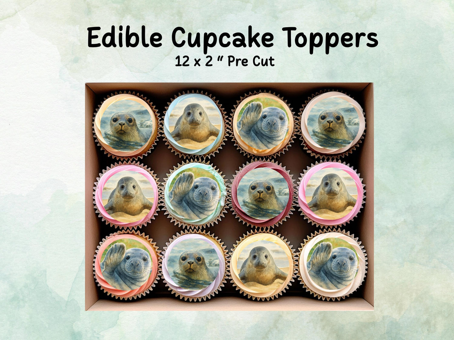 Seal Edible Cupcake Toppers 12 x 2"– Pre cut Wafer Paper, Card or Icing Sheet, Birthday, Cupcakes, Cookies, Cake, Seal Decoration