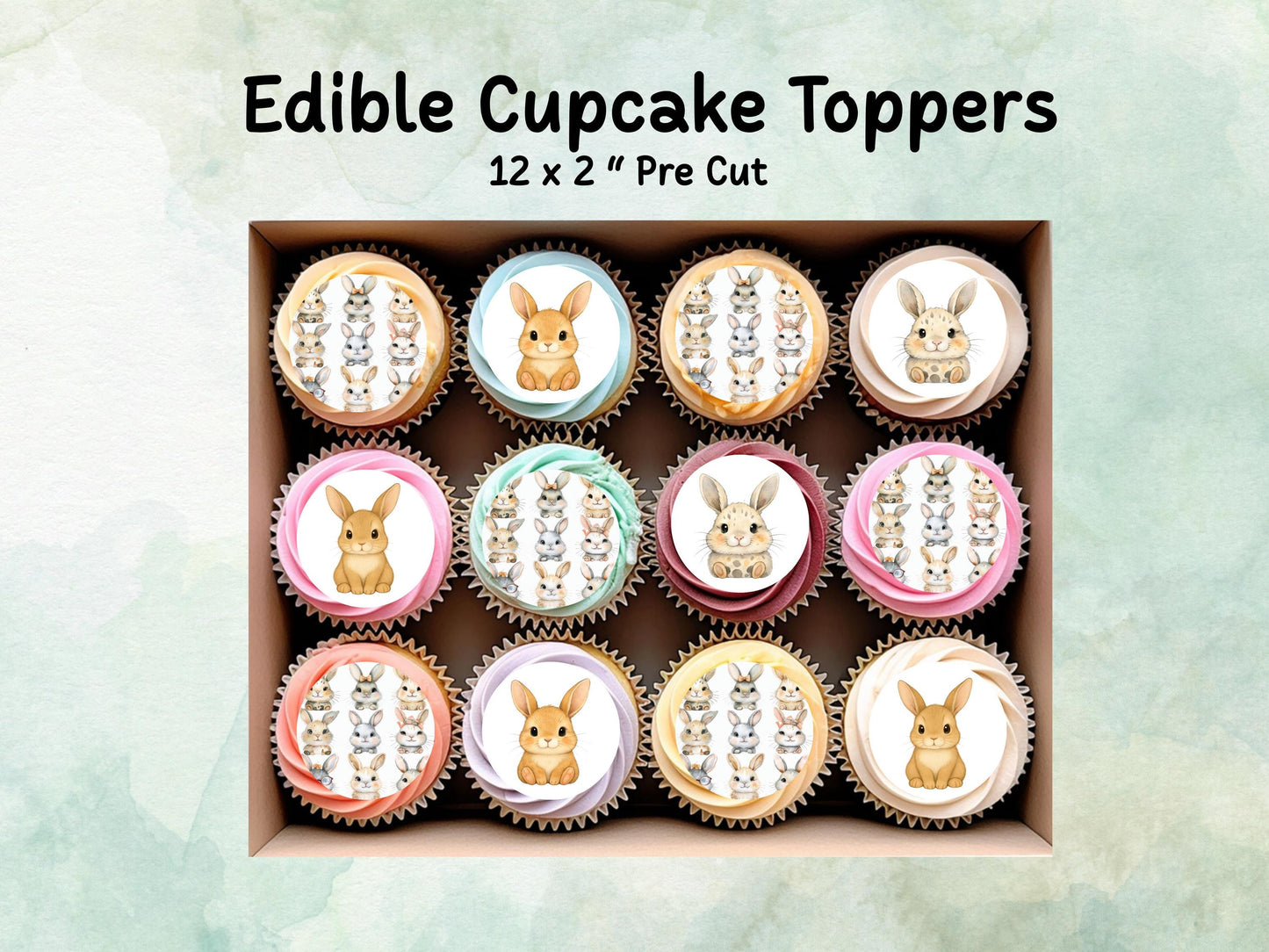 Cute Bunny Edible Cupcake Toppers 12 x 2"– Pre cut Wafer Paper, Card or Icing Sheet, Birthday, Cupcakes, Cookies, Cake, Rabbit Decoration