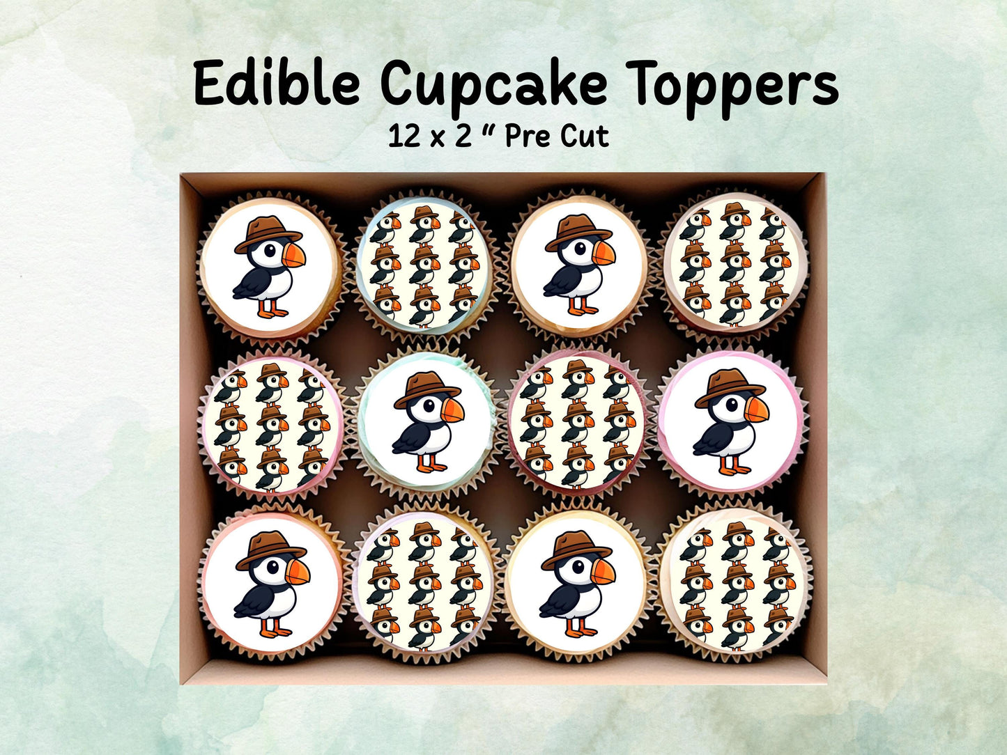 Puffin Edible Cupcake Toppers 12 x 2"– Pre cut Wafer Paper, Card or Icing Sheet, Birthday, Cupcakes, Cookies, Cake, Puffin Decoration