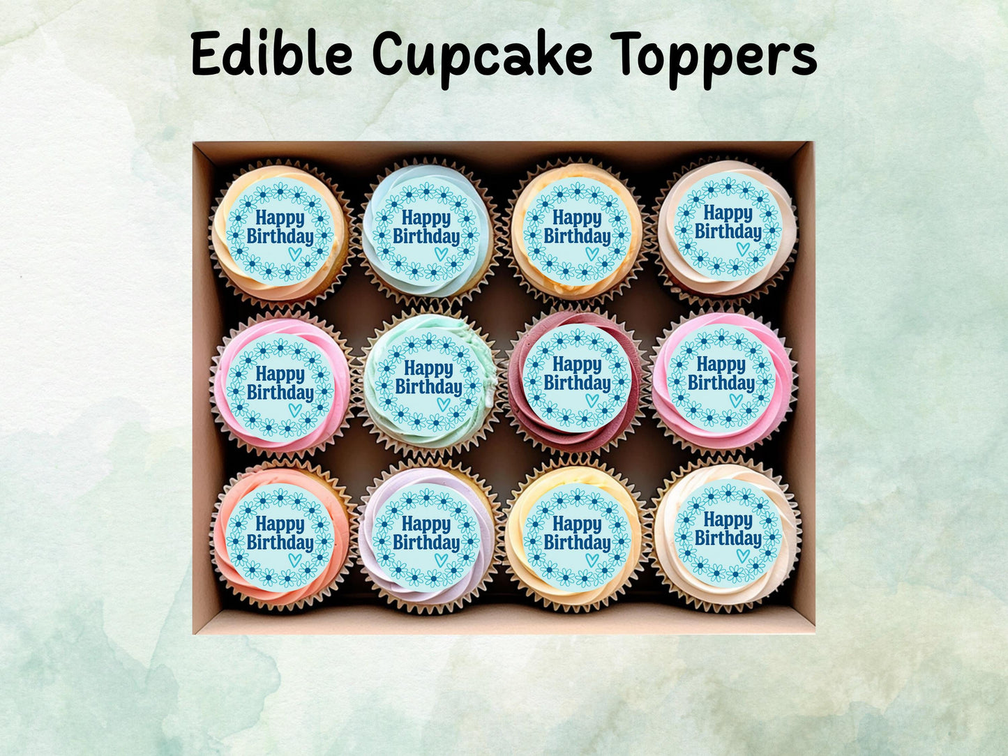 Happy Birthday Edible Cupcake Toppers 12 x 2"– Pre cut Wafer Paper, Card or Icing Sheet, Blue Floral Circle Cupcake Decoration