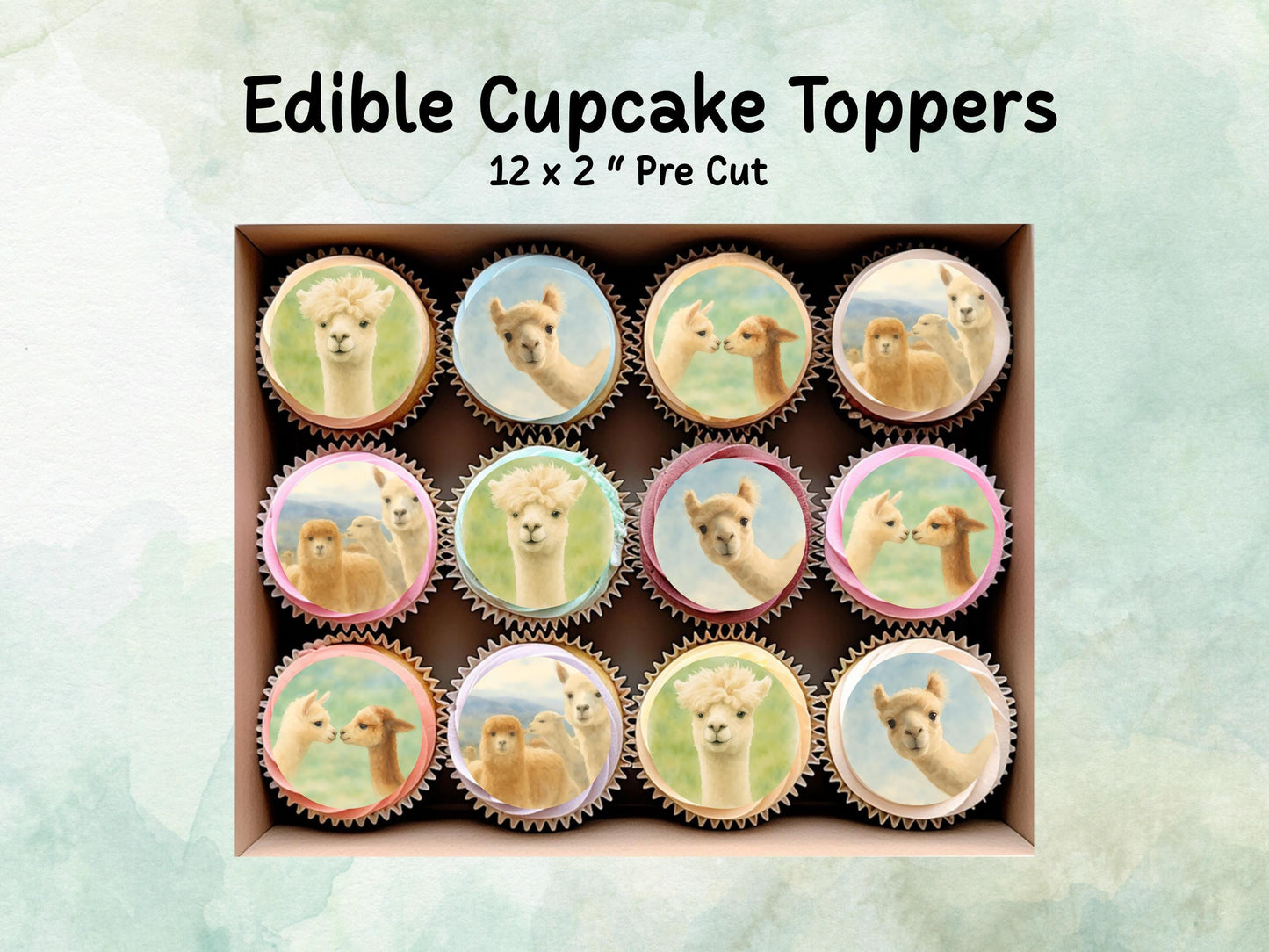 Alpaca Edible Cupcake Toppers 12 x 2"– Pre cut Wafer Paper, Card or Icing Sheet, Alpaca Birthday Cake Decoration