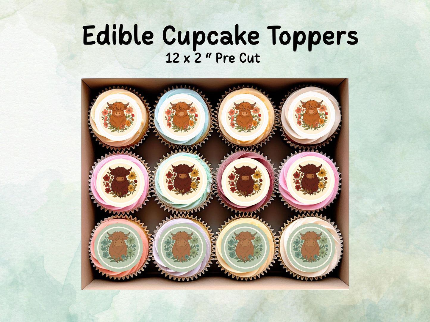 Highland Cow Edible Cupcake Toppers 12 x 2"– Pre cut Wafer Paper, Card or Icing Sheet, Cow Cake Decoration
