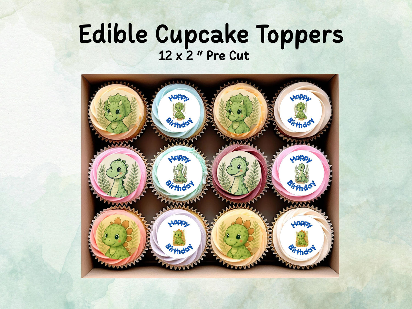 Dinosaur Edible Cupcake Toppers 12 x 2" – Pre cut Wafer Paper, Card or Icing Sheet, Cupcakes, Cookies, Cake, Birthday, Cute Dinosaur
