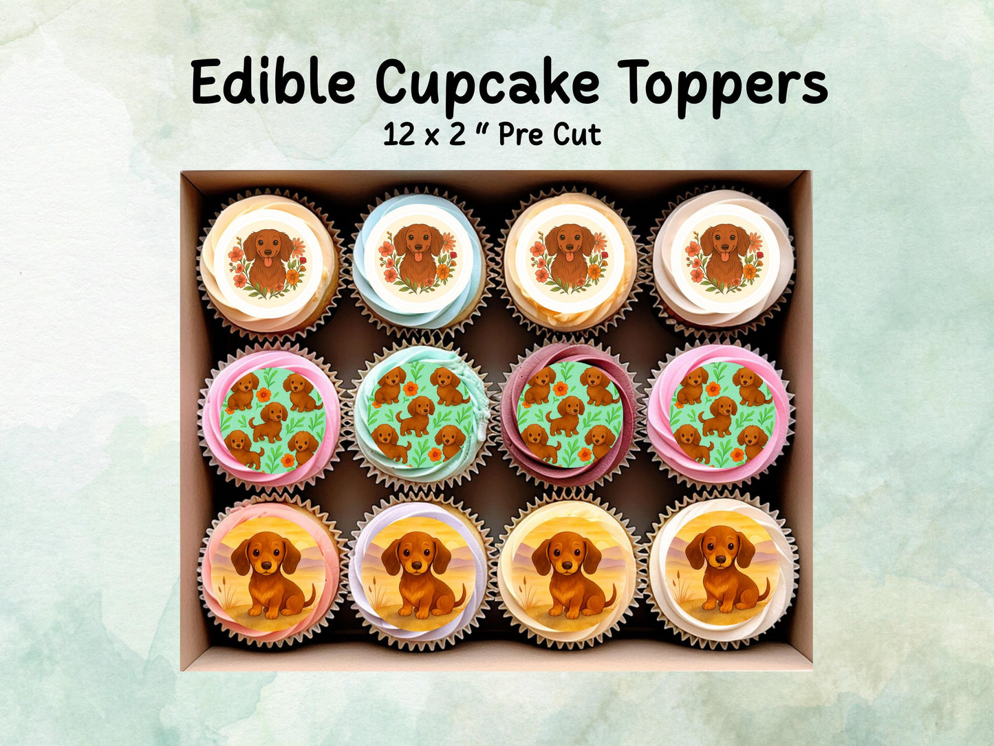 Cute Sausage Dog Edible Cupcake Toppers 12 x 2" – Pre cut Wafer Paper, Card or Icing Sheet, Dachshund Cake Decoration