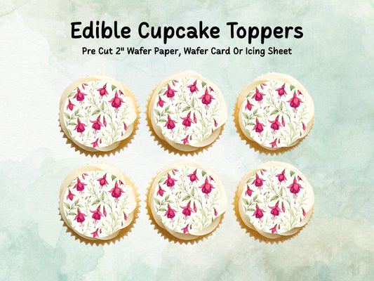 Fuchsia Floral Edible Cupcake Toppers 12 x 2" – Pre cut Wafer Paper, Card or Icing Sheet, Watercolor Pink Flower Cake and Cookie Decoration