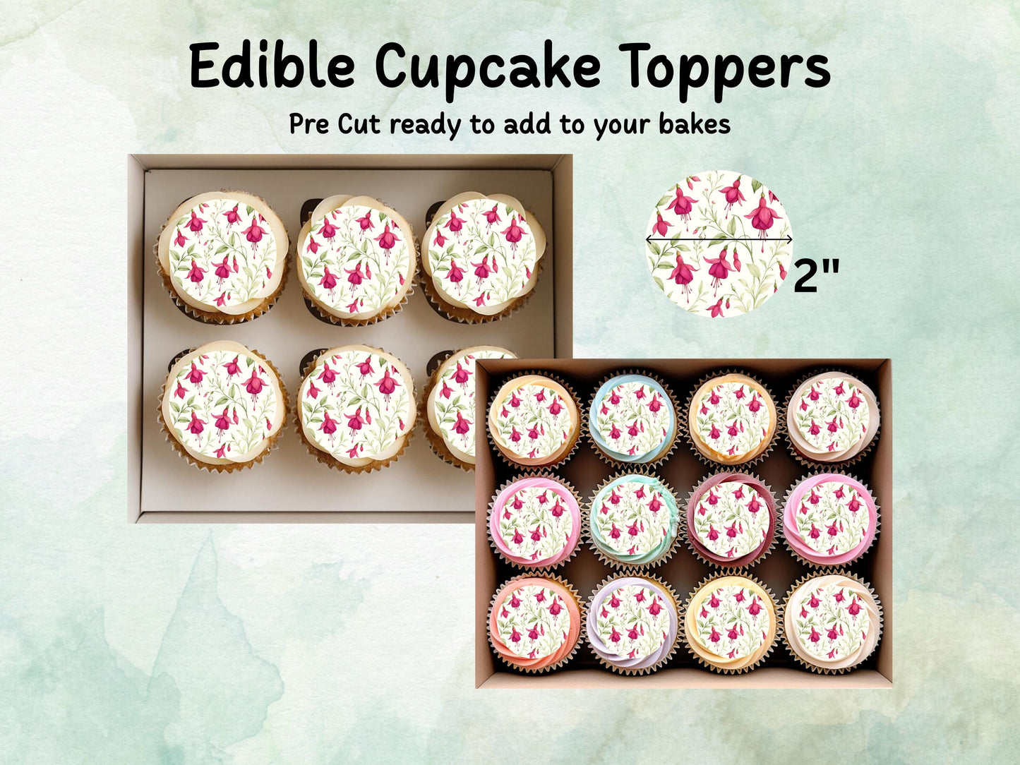 Fuchsia Floral Edible Cupcake Toppers 12 x 2" – Pre cut Wafer Paper, Card or Icing Sheet, Watercolor Pink Flower Cake and Cookie Decoration