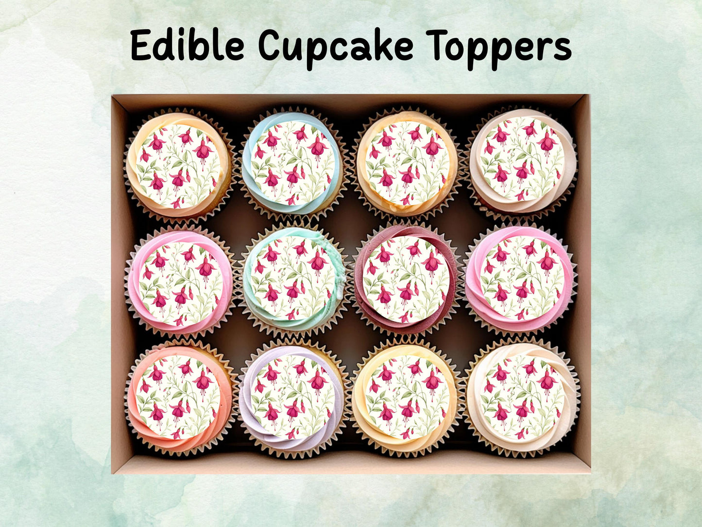 Fuchsia Floral Edible Cupcake Toppers 12 x 2" – Pre cut Wafer Paper, Card or Icing Sheet, Watercolor Pink Flower Cake and Cookie Decoration