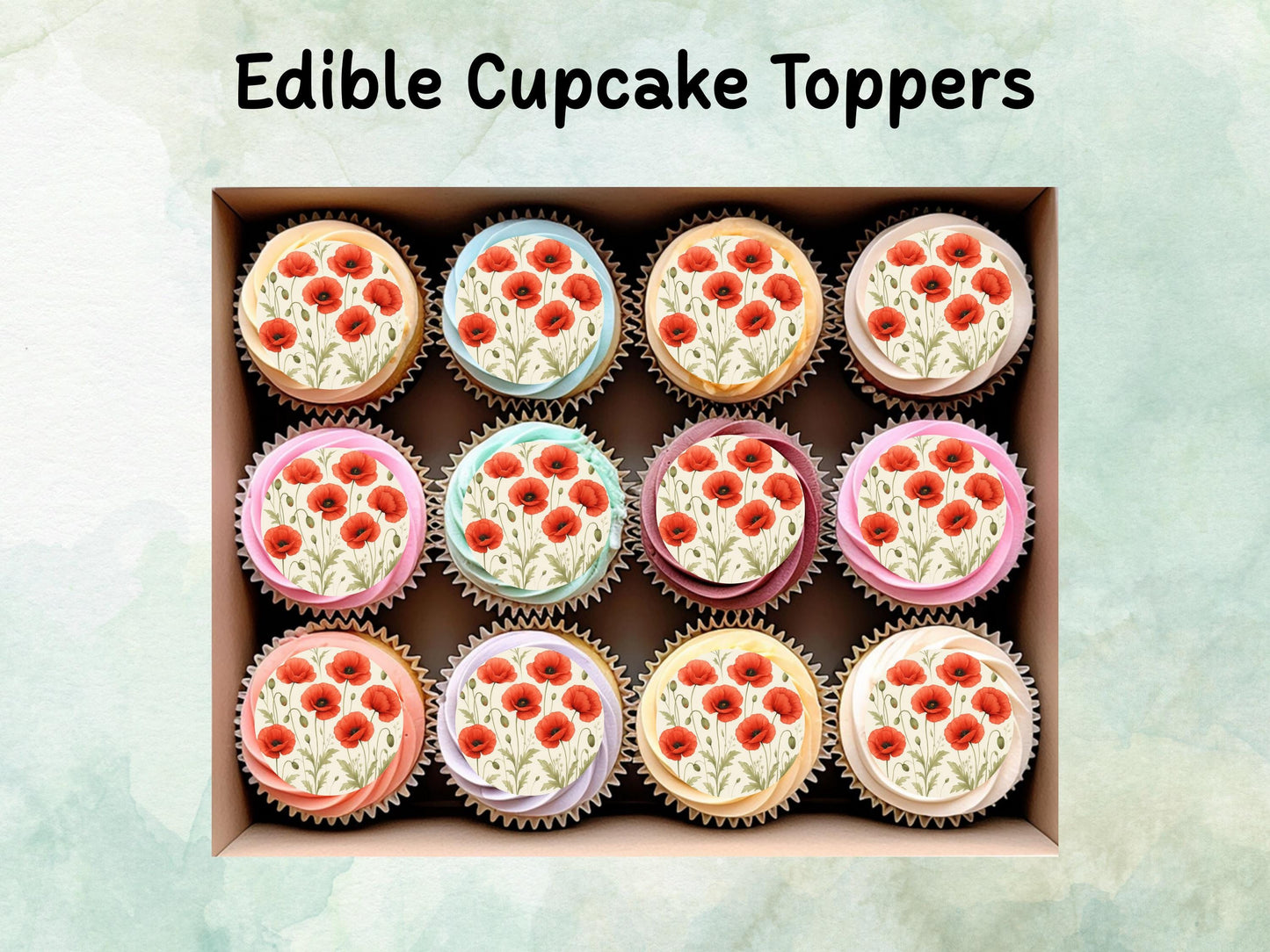 Red Poppy Edible Cupcake Toppers 12 x 2" – Pre cut Wafer Paper, Card or Icing Sheet, Remembrance Day Edible Cake Decorations