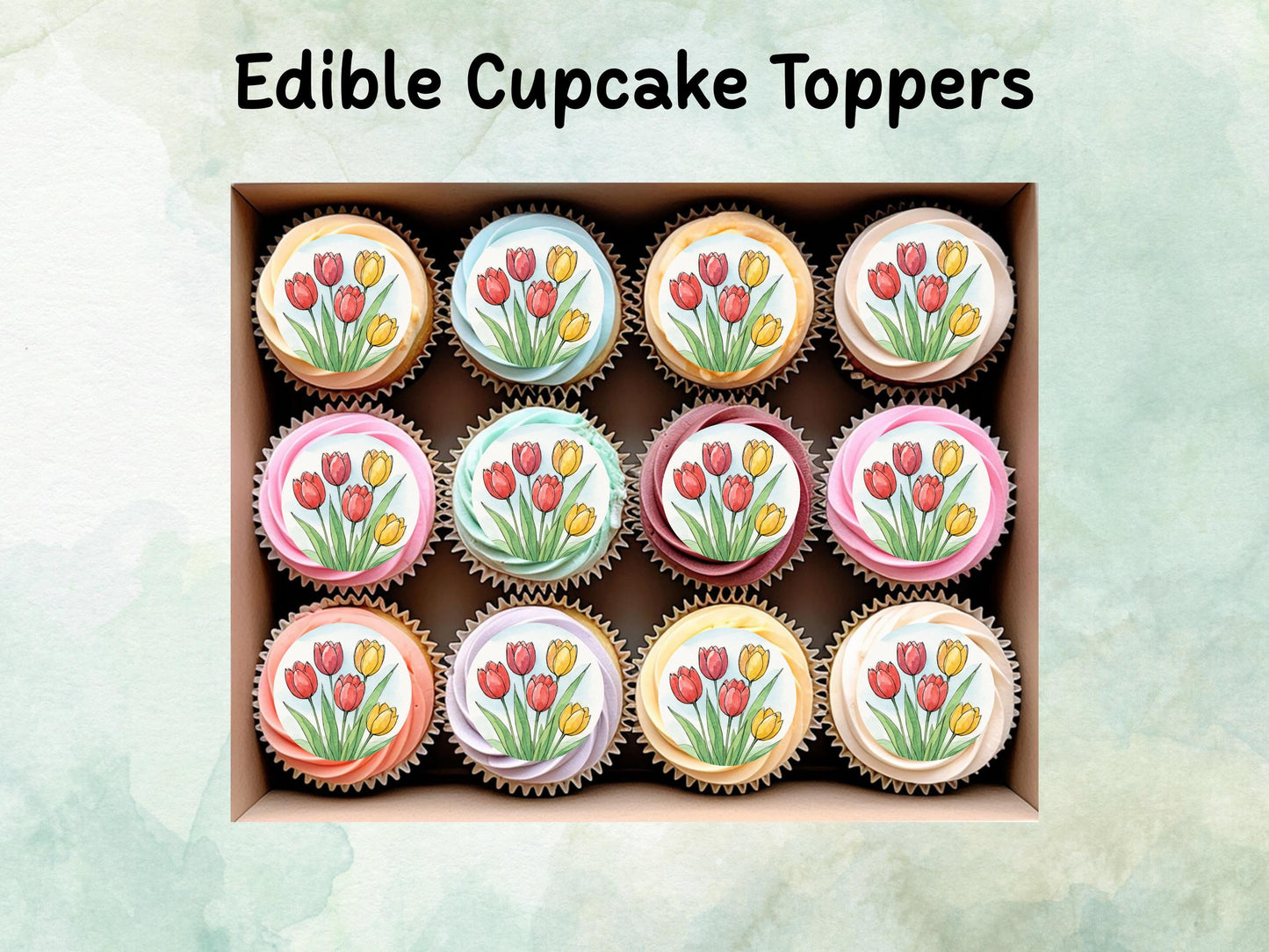 Tulip Floral Edible Cupcake Toppers 12 x 2" – Pre cut Wafer Paper, Card or Icing Sheet, Watercolor Pink Flower Cake and Cookie Decoration