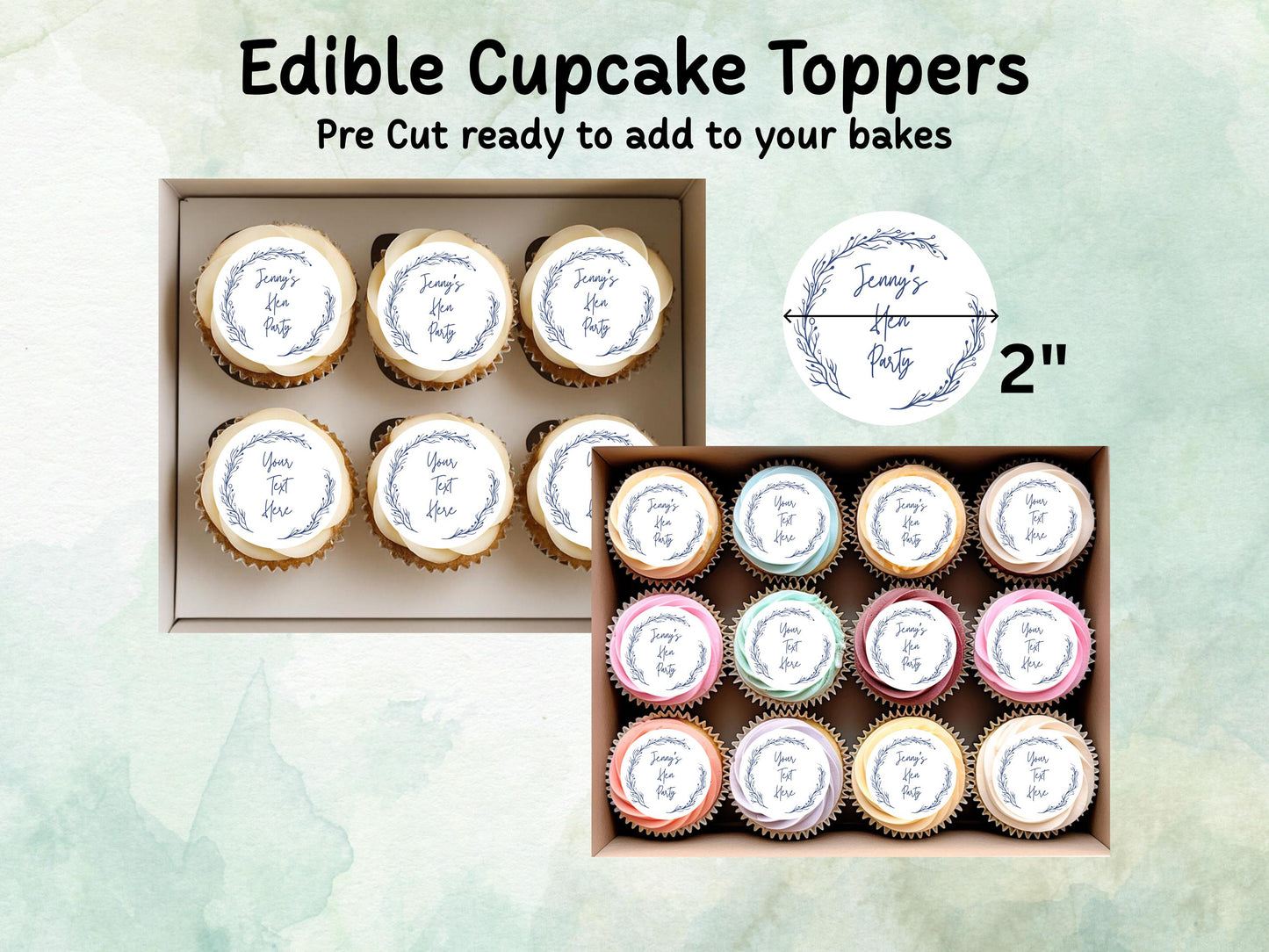 Personalised Edible Cupcake Toppers 12 x 2" – Pre cut Wafer Paper, Card or Icing Sheet, Hen Party Cake Topper, Wedding Favors