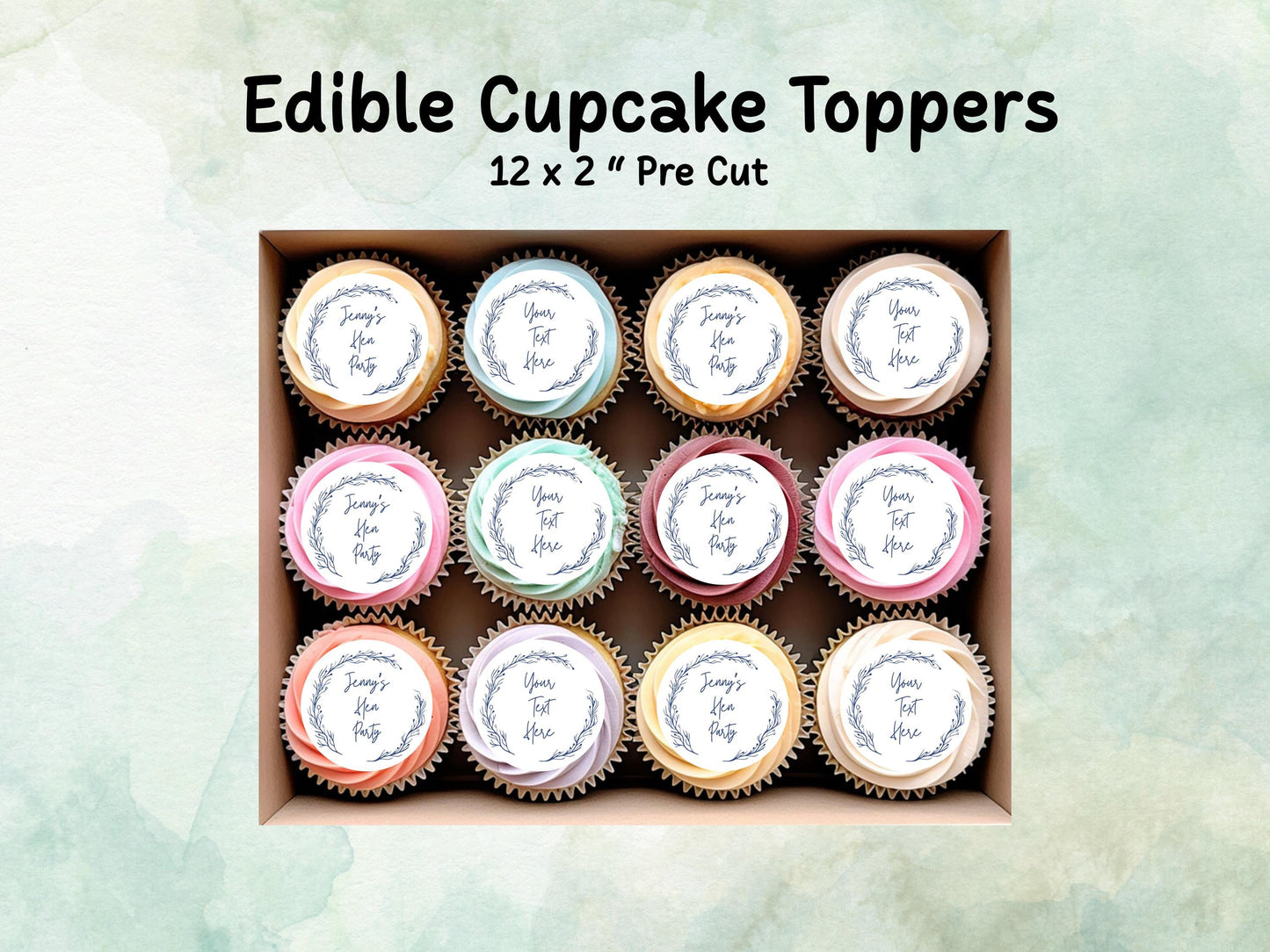Personalised Edible Cupcake Toppers 12 x 2" – Pre cut Wafer Paper, Card or Icing Sheet, Hen Party Cake Topper, Wedding Favors