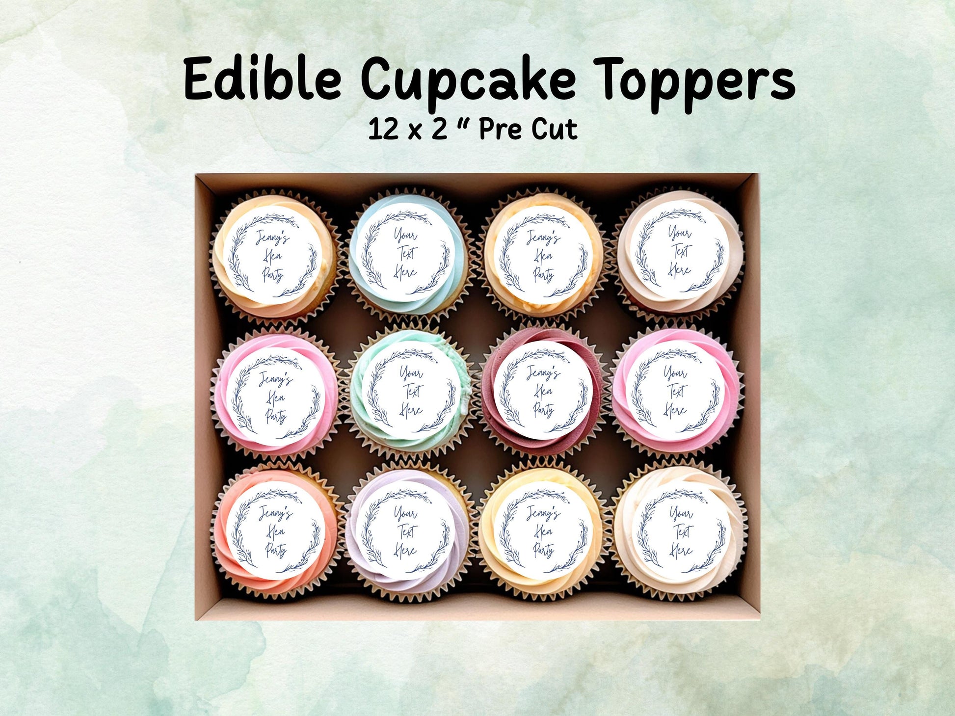 Personalised Edible Cupcake Toppers 12 x 2" – Pre cut Wafer Paper, Card or Icing Sheet, Hen Party Cake Topper, Wedding Favors