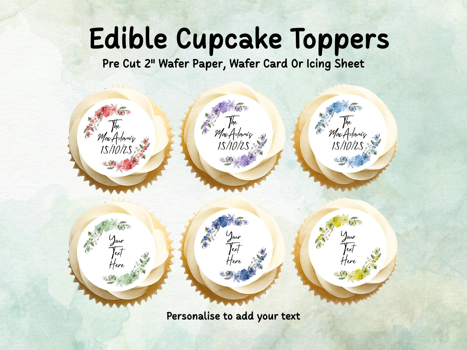 Personalised Floral Edible Cupcake Toppers 12 x 2" – Pre cut Wafer Paper, Card or Icing Sheet, Wedding Favors, Birthday Cake Topper