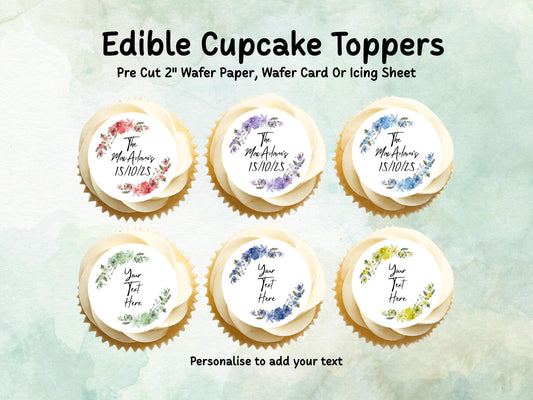 Personalised Floral Edible Cupcake Toppers 12 x 2" – Pre cut Wafer Paper, Card or Icing Sheet, Wedding Favors, Birthday Cake Topper