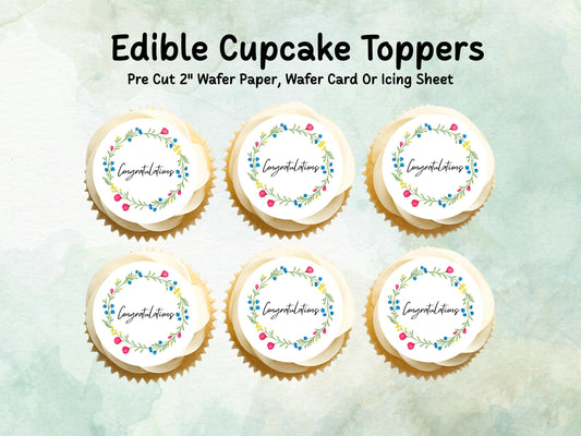 Congratulations Edible Cupcake Toppers 12 x 2" – Pre cut Wafer Paper, Card or Icing Sheet, Engagement Cake Topper, Well Done Cake Topper