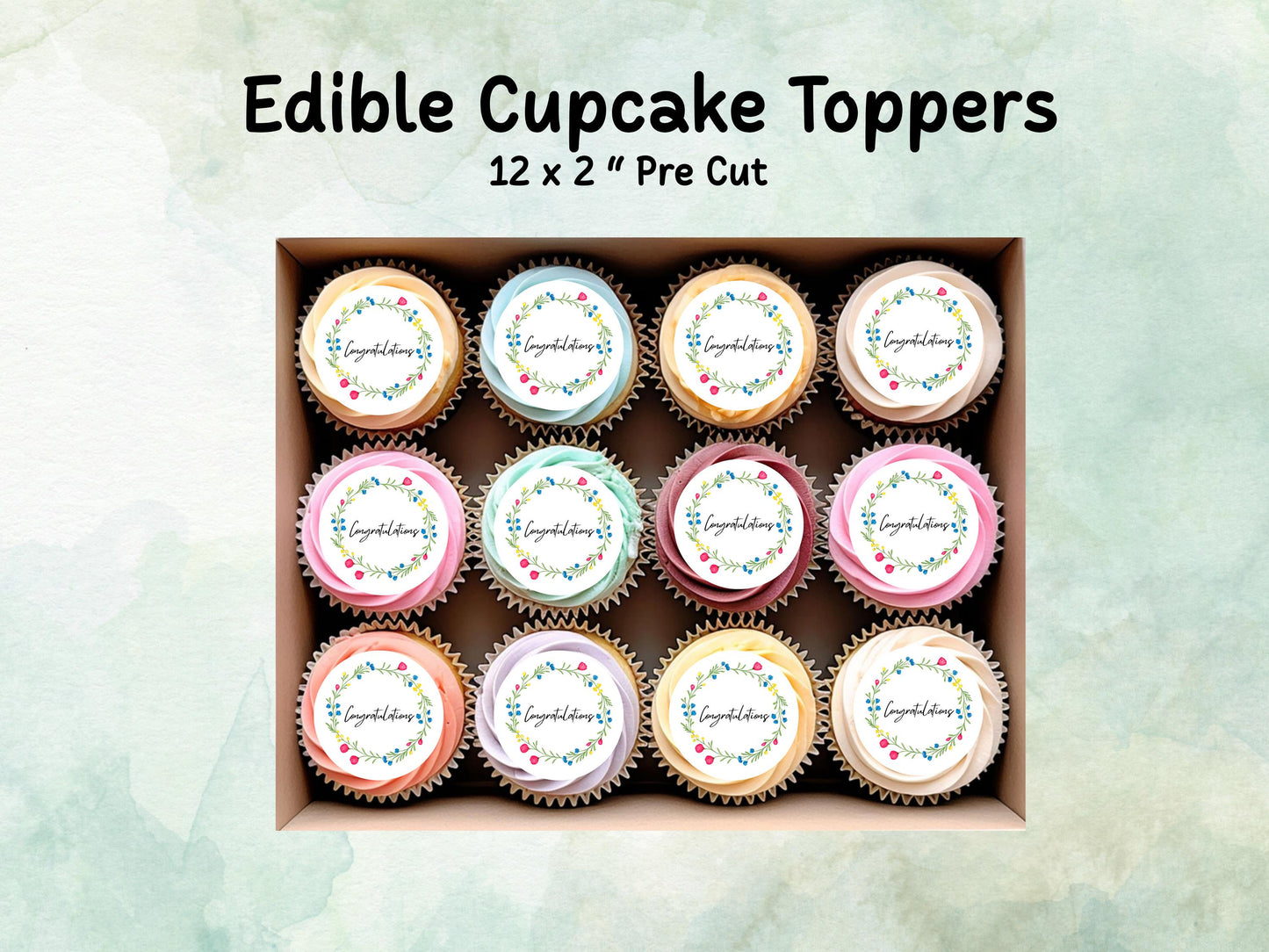 Congratulations Edible Cupcake Toppers 12 x 2" – Pre cut Wafer Paper, Card or Icing Sheet, Engagement Cake Topper, Well Done Cake Topper