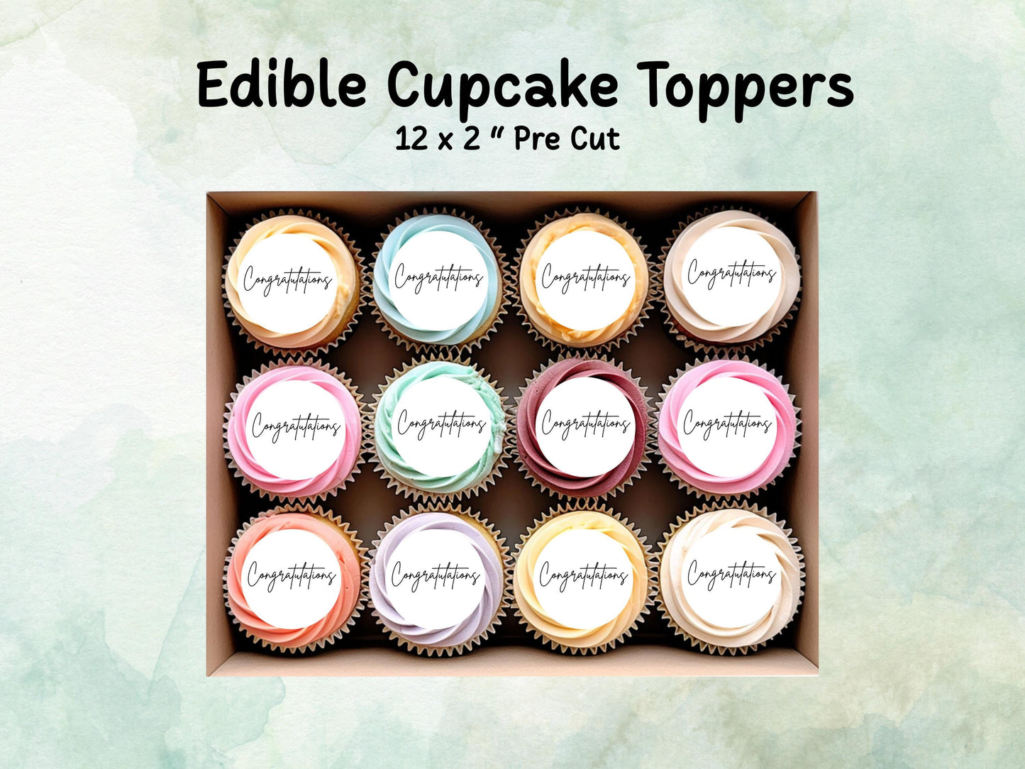 Congratulations Edible Cupcake Toppers 12 x 2" – Pre cut Wafer Paper, Card or Icing Sheet, Engagement Cake Topper, Well Done Cake Topper