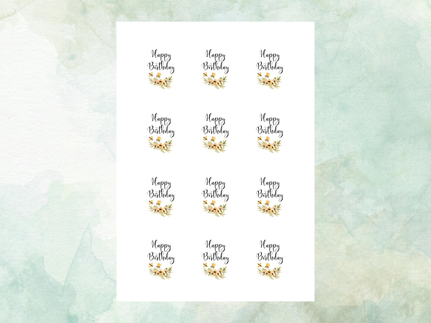 Happy Birthday Edible Cupcake Toppers 12 x 2"– Pre cut Wafer Paper, Card or Icing Sheet, Floral Birthday Cake Toppers