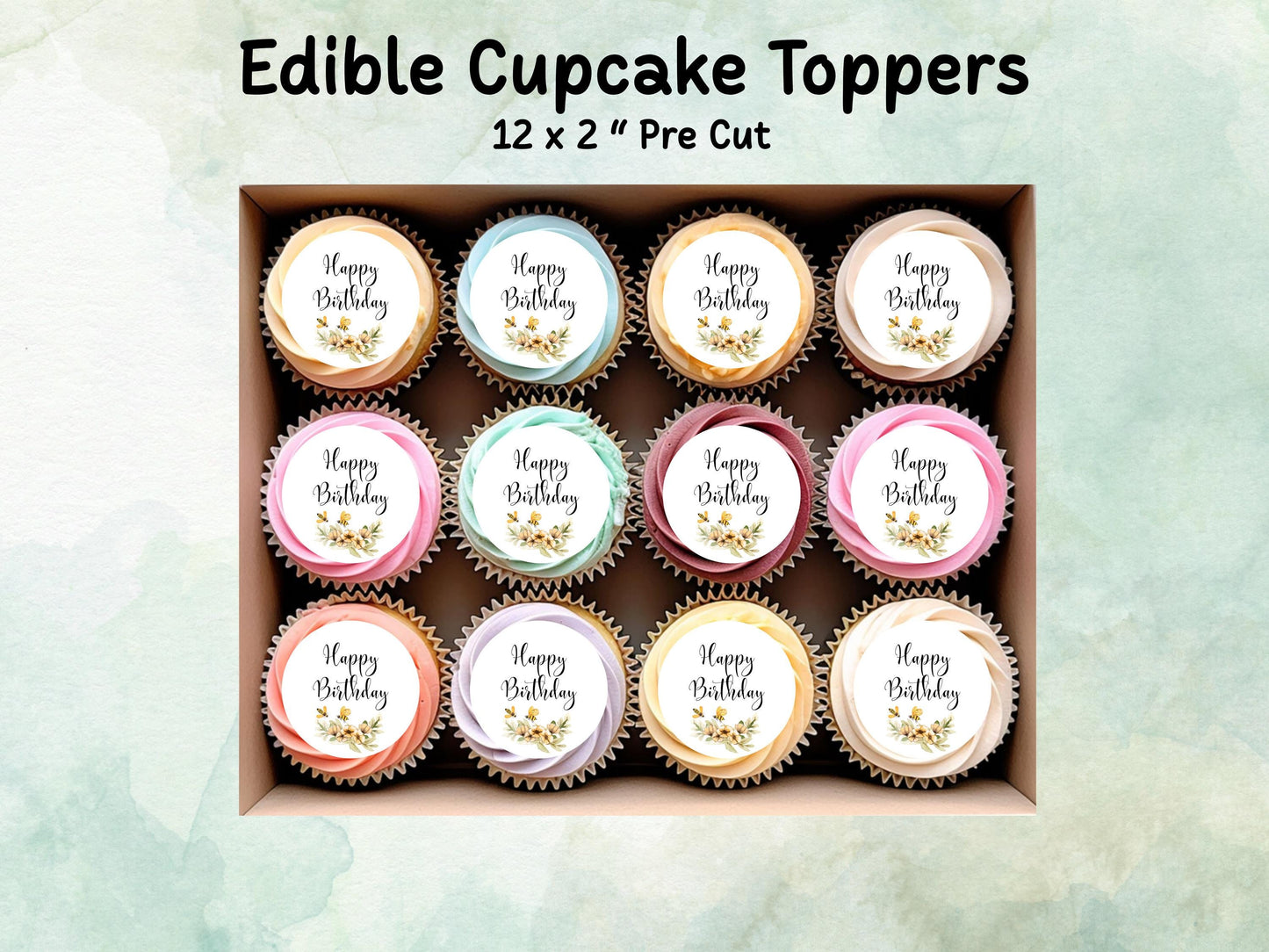 Happy Birthday Edible Cupcake Toppers 12 x 2"– Pre cut Wafer Paper, Card or Icing Sheet, Floral Birthday Cake Toppers