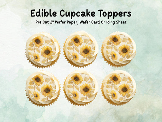 Sunflower Floral Edible Cupcake Toppers 12 x 2" – Pre cut Wafer Paper, Card or Icing Sheet, Watercolor Yellow Flower Cake Decoration