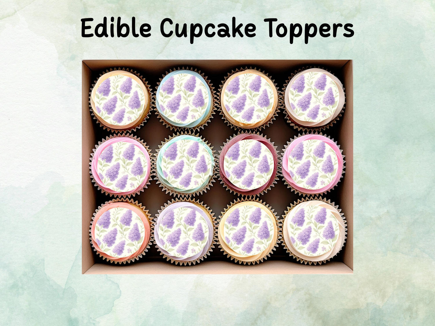 Lilac Floral Edible Cupcake Toppers 12 x 2" – Pre cut Wafer Paper, Card or Icing Sheet, Watercolor Purple Flower Cake and Cookie Decoration