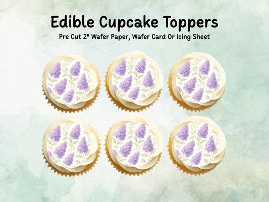 Lilac Floral Edible Cupcake Toppers 12 x 2" – Pre cut Wafer Paper, Card or Icing Sheet, Watercolor Purple Flower Cake and Cookie Decoration