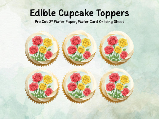 Rose Floral Edible Cupcake Toppers 12 x 2" – Pre cut Wafer Paper, Card or Icing Sheet, Watercolor Pink Flower Cake and Cookie Decoration