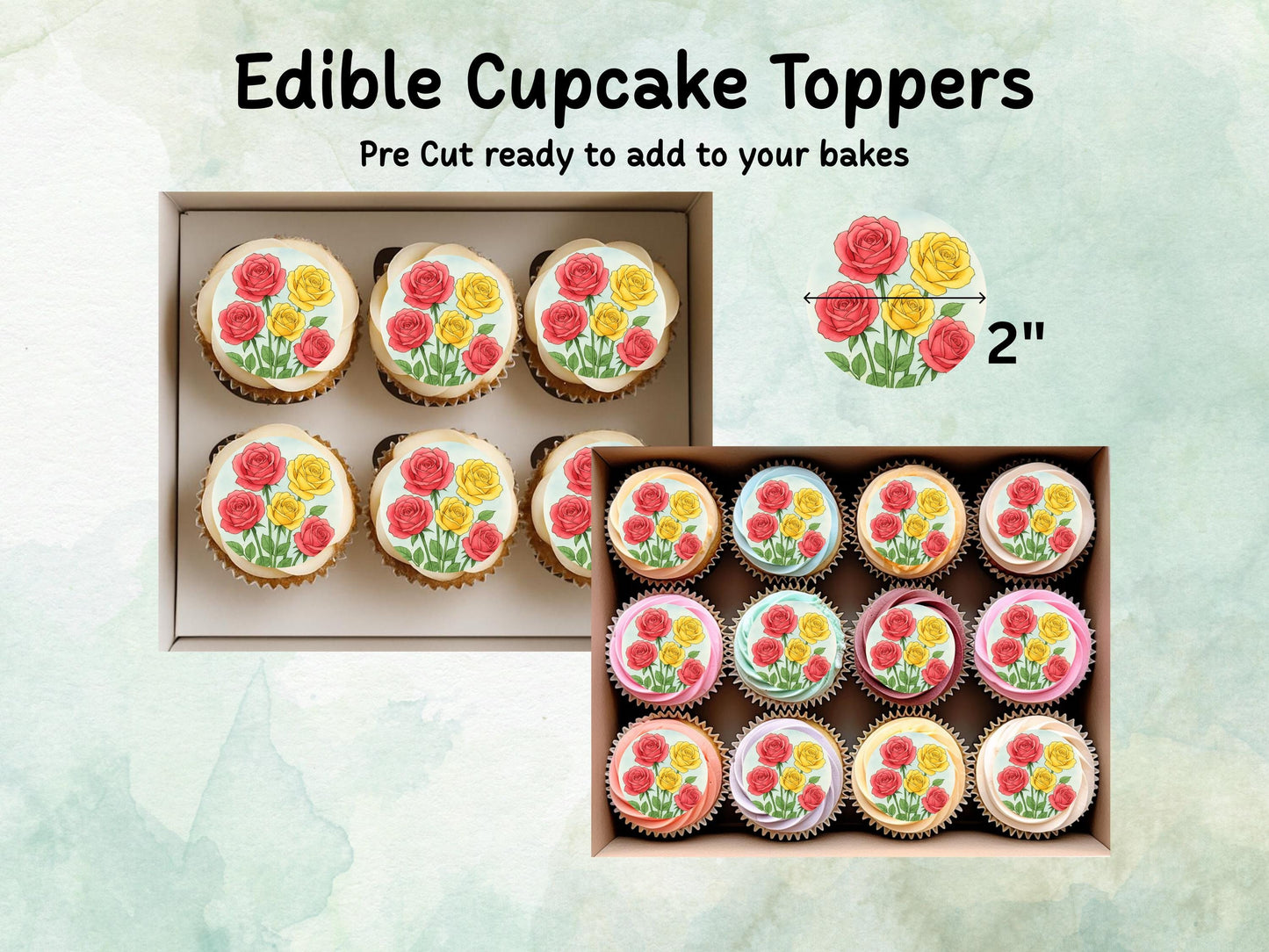 Rose Floral Edible Cupcake Toppers 12 x 2" – Pre cut Wafer Paper, Card or Icing Sheet, Watercolor Pink Flower Cake and Cookie Decoration