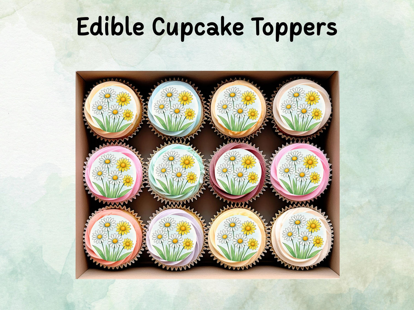 Daisy Floral Edible Cupcake Toppers 12 x 2" – Pre cut Wafer Paper, Card or Icing Sheet, Watercolor Flower Cake and Cookie Decoration