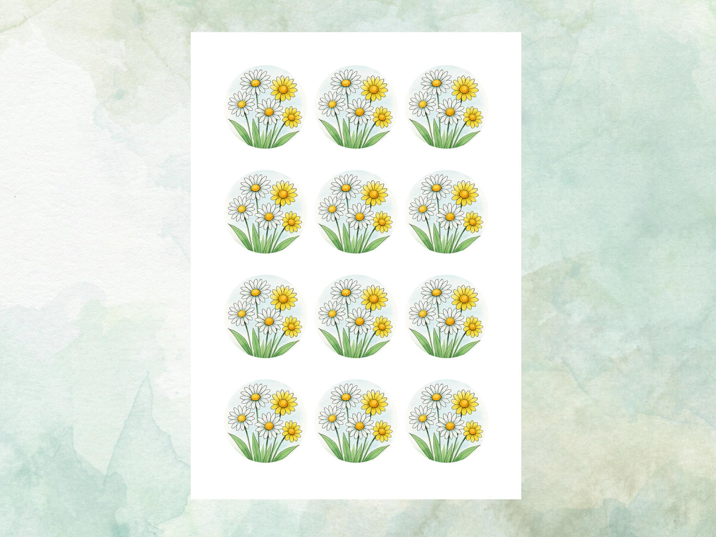 Daisy Floral Edible Cupcake Toppers 12 x 2" – Pre cut Wafer Paper, Card or Icing Sheet, Watercolor Flower Cake and Cookie Decoration