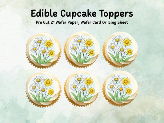 Daisy Floral Edible Cupcake Toppers 12 x 2" – Pre cut Wafer Paper, Card or Icing Sheet, Watercolor Flower Cake and Cookie Decoration