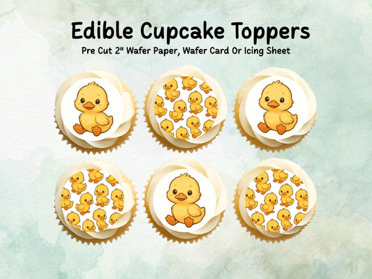 Cute Duckling Edible Cupcake Toppers 12 x 2"– Pre cut Wafer Paper, Card or Icing Sheet, Duck Birthday Cake Topper, Kids Birthday Cake
