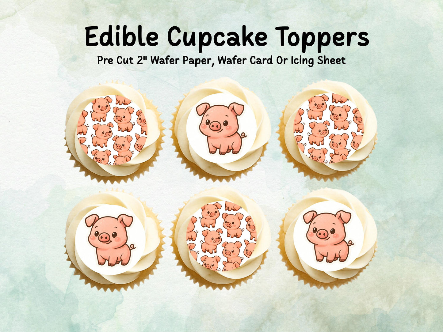 Cute Pig Edible Cupcake Toppers 12 x 2"– Pre cut Wafer Paper, Card or Icing Sheet, Pig Birthday Cake Topper, Farm Birthday Cake