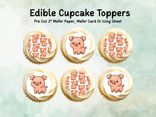Cute Pig Edible Cupcake Toppers 12 x 2"– Pre cut Wafer Paper, Card or Icing Sheet, Pig Birthday Cake Topper, Farm Birthday Cake