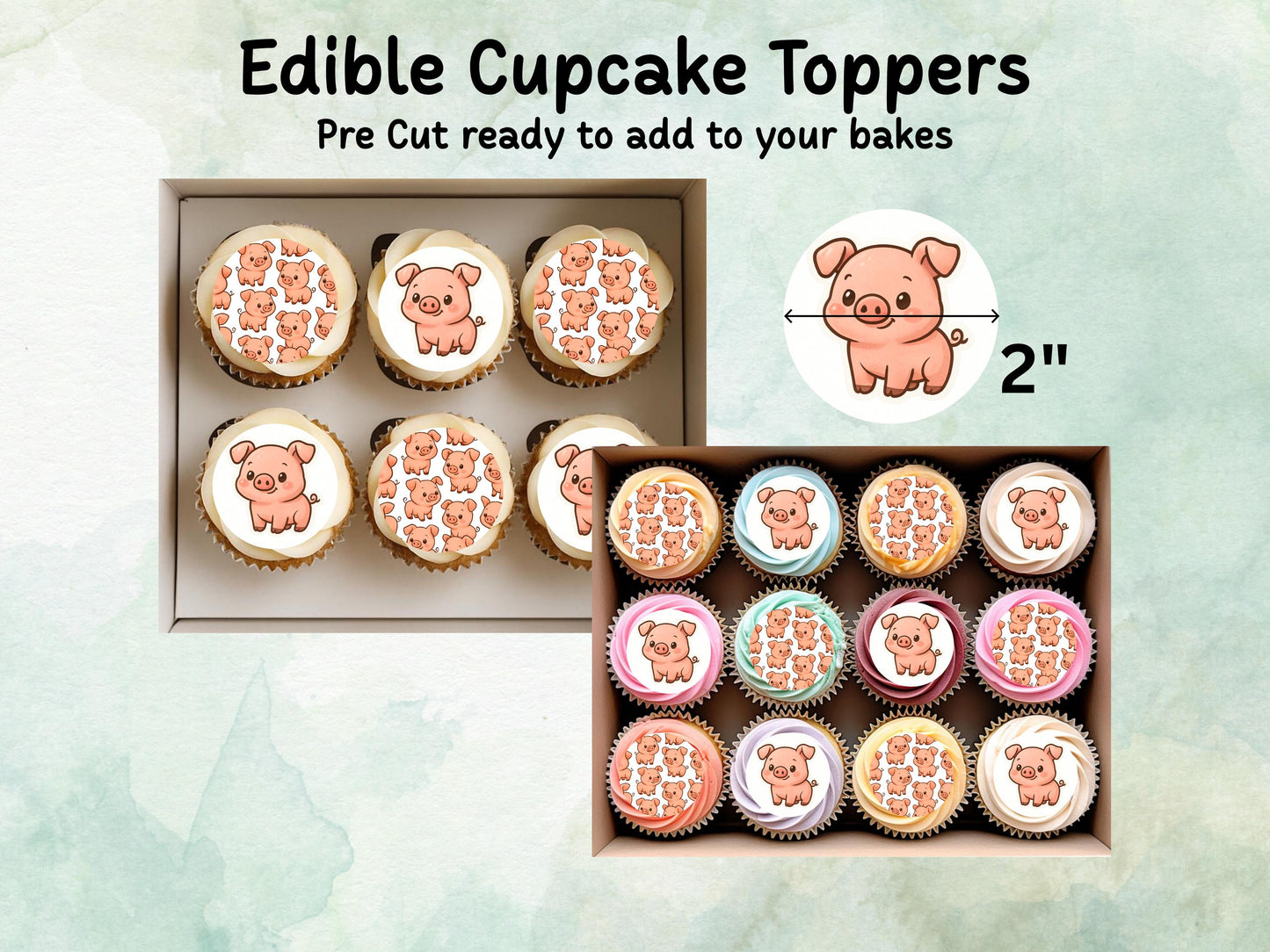 Cute Pig Edible Cupcake Toppers 12 x 2"– Pre cut Wafer Paper, Card or Icing Sheet, Pig Birthday Cake Topper, Farm Birthday Cake