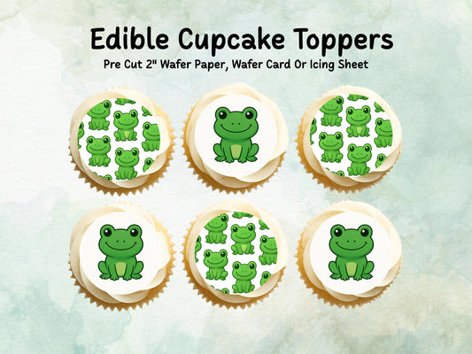 Cute Frog Edible Cupcake Toppers 12 x 2"– Pre cut Wafer Paper, Card or Icing Sheet, Frog Birthday Cake Topper, Kids Birthday Cake
