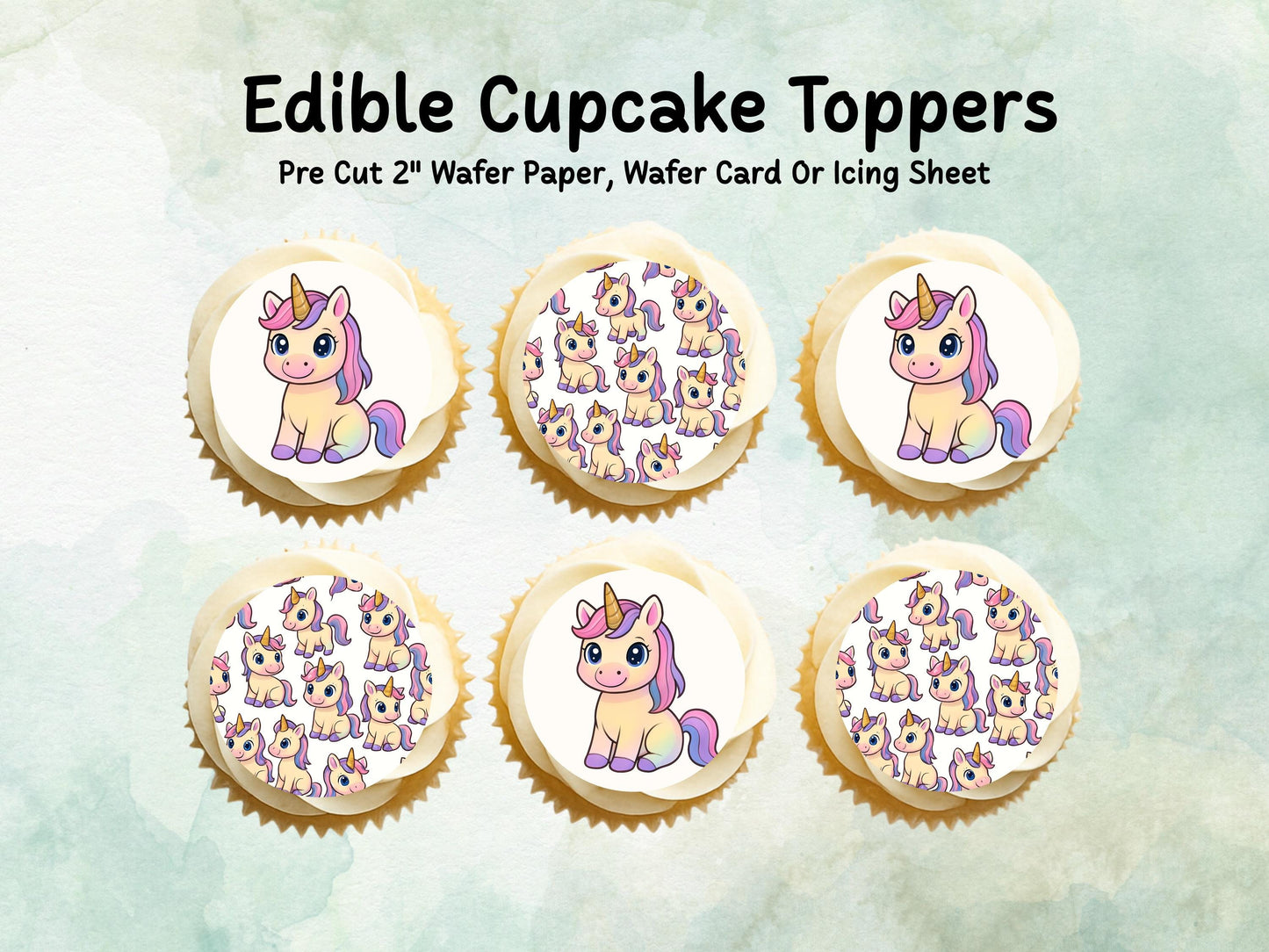 Cute Unicorn Edible Cupcake Toppers 12 x 2"– Pre cut Wafer Paper, Card or Icing Sheet, Magical Unicorn Birthday Cake Topper