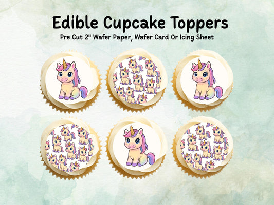 Cute Unicorn Edible Cupcake Toppers 12 x 2"– Pre cut Wafer Paper, Card or Icing Sheet, Magical Unicorn Birthday Cake Topper
