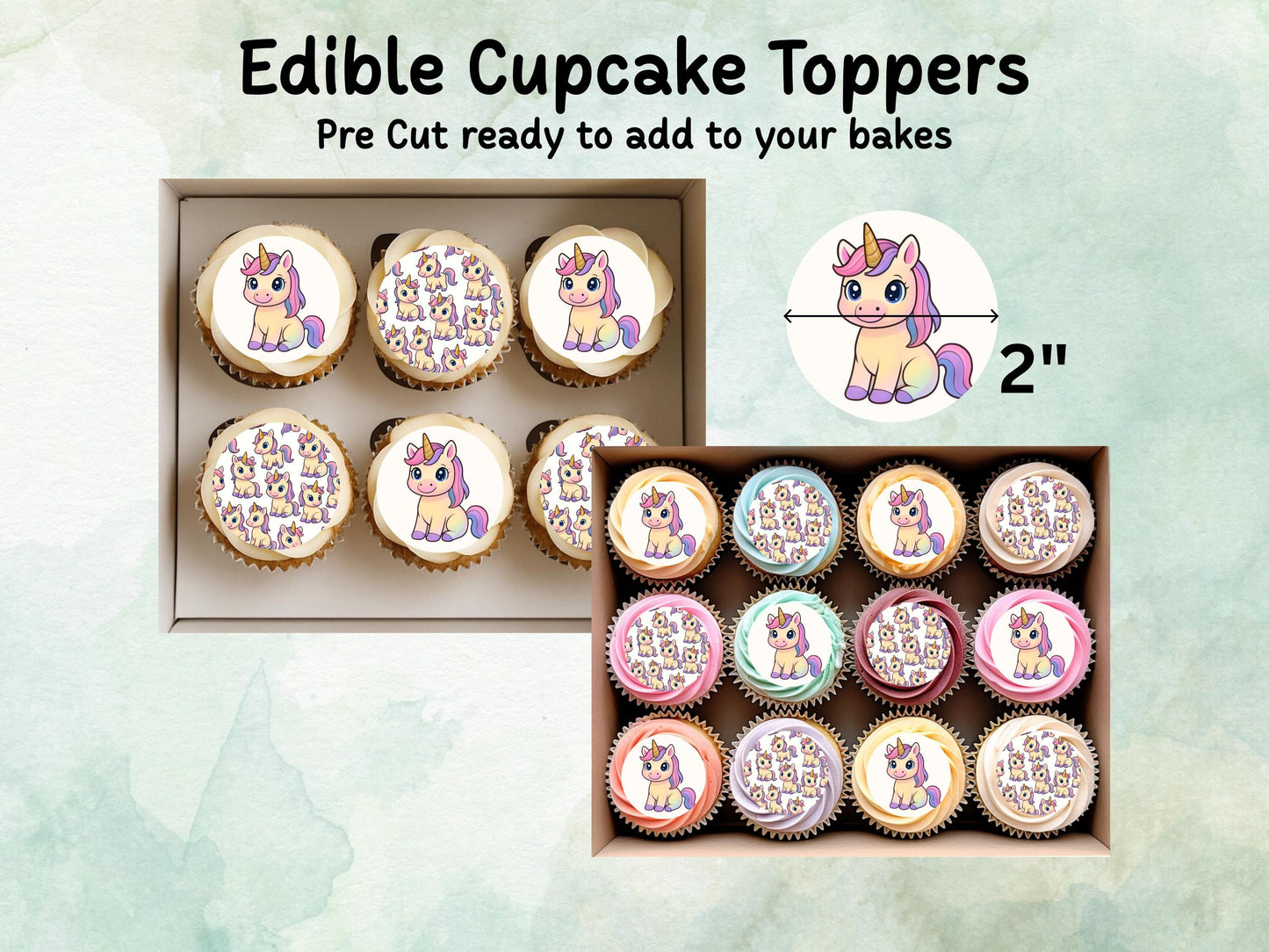 Cute Unicorn Edible Cupcake Toppers 12 x 2"– Pre cut Wafer Paper, Card or Icing Sheet, Magical Unicorn Birthday Cake Topper
