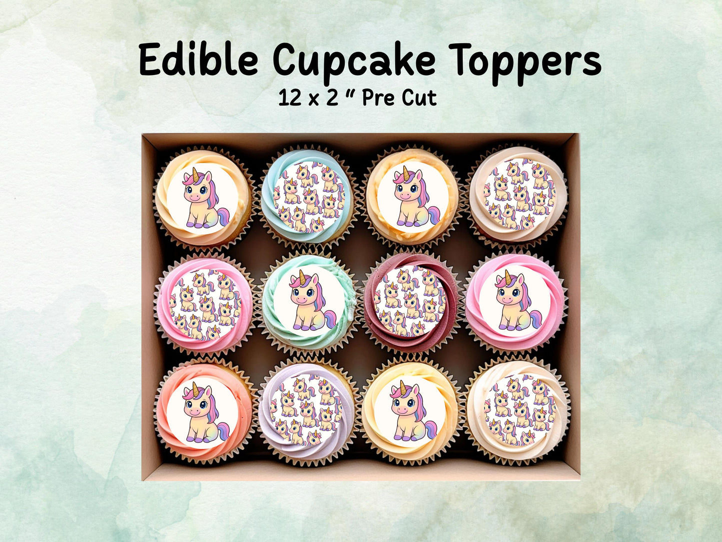 Cute Unicorn Edible Cupcake Toppers 12 x 2"– Pre cut Wafer Paper, Card or Icing Sheet, Magical Unicorn Birthday Cake Topper