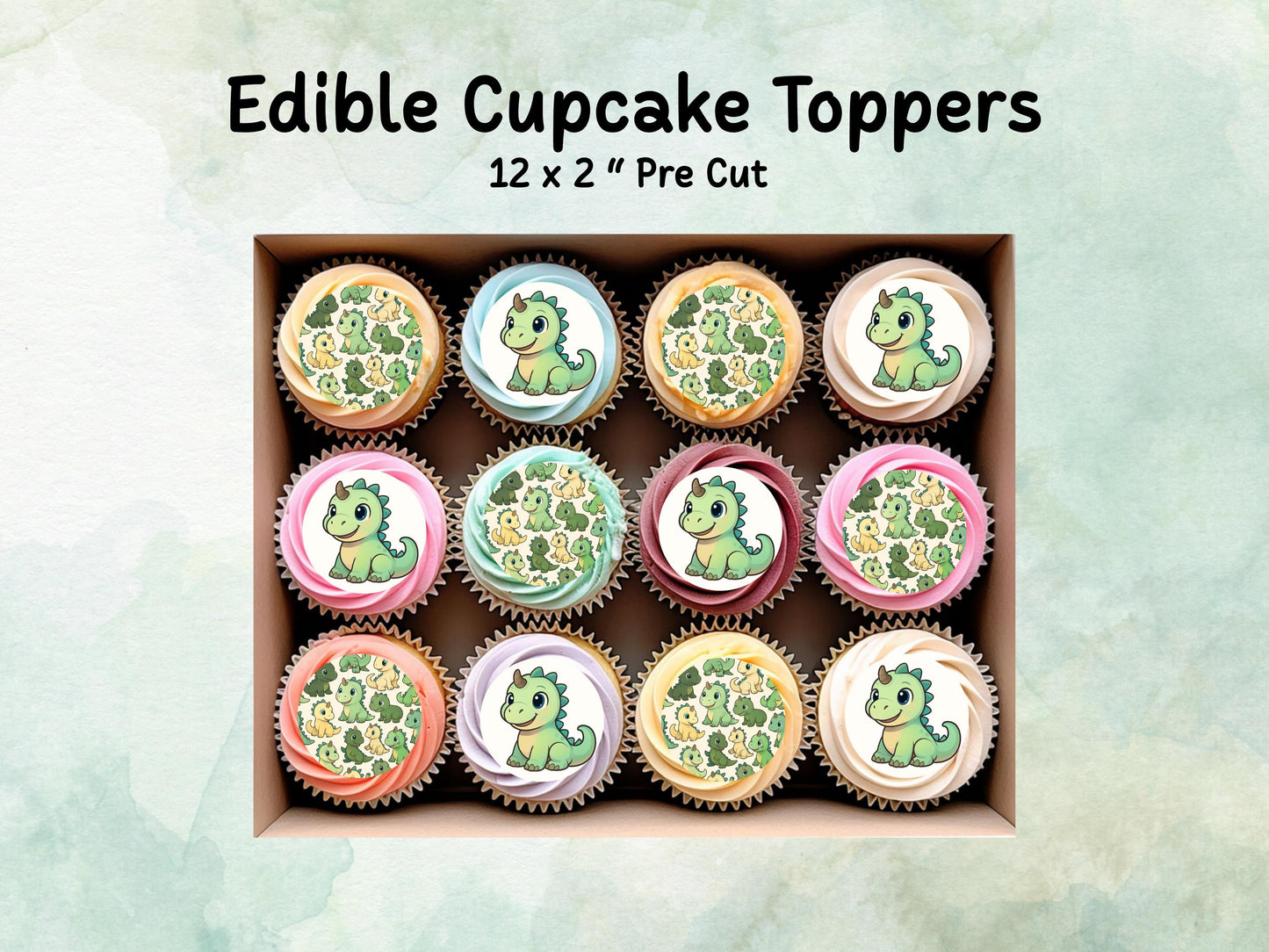 Cute Dinosaur Edible Cupcake Toppers 12 x 2"– Pre cut Wafer Paper, Card or Icing Sheet, Dino Birthday Cake Topper
