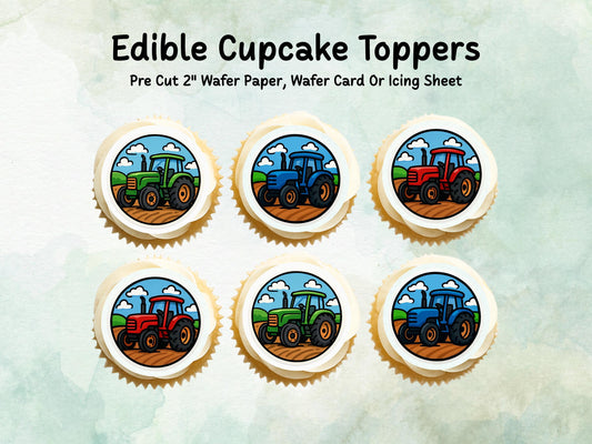 Tractor Edible Cupcake Toppers 12 x 2"– Pre cut Wafer Paper, Card or Icing Sheet, Tractor Birthday Cake Topper, Kids Birthday Cake