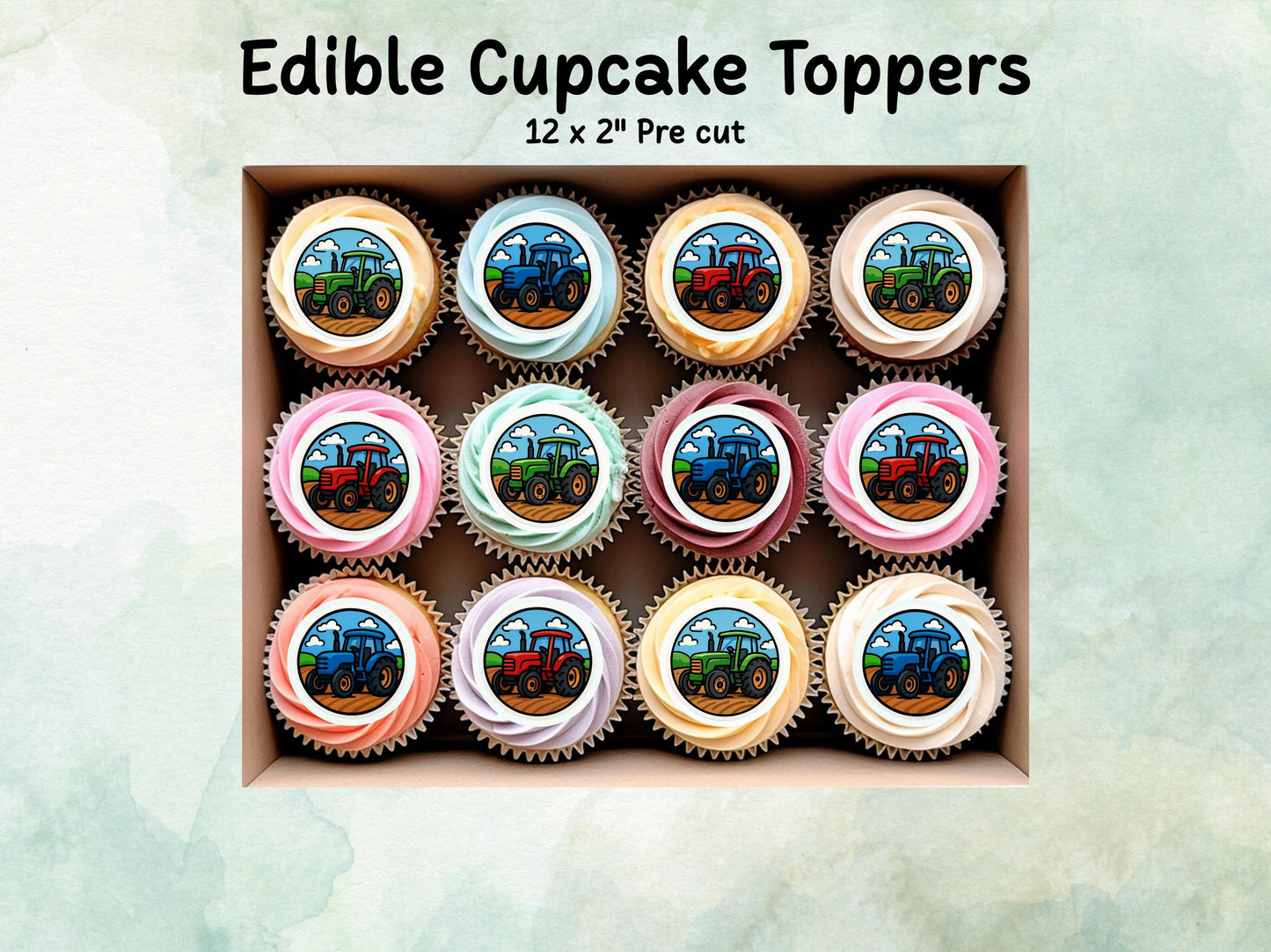 Tractor Edible Cupcake Toppers 12 x 2"– Pre cut Wafer Paper, Card or Icing Sheet, Tractor Birthday Cake Topper, Kids Birthday Cake