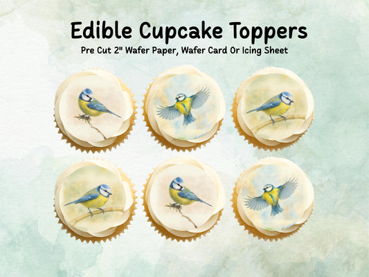 Blue Tit Edible Cupcake Toppers 12 x 2"– Pre cut Wafer Paper, Card or Icing Sheet, Blue Tit Birthday Cake Topper, Bird Theme Cake Toppers