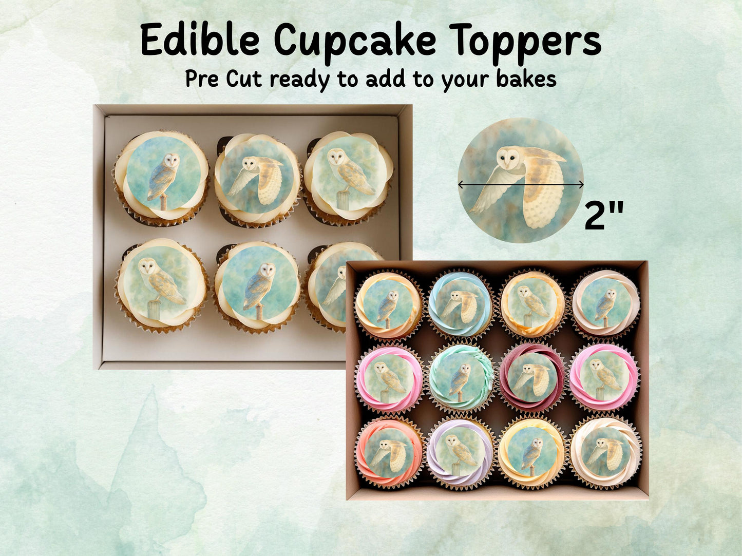 Barn Owl Edible Cupcake Toppers 12 x 2"– Pre cut Wafer Paper, Card or Icing Sheet, Barn Owl Birthday Cake Topper, Owl Birthday Cake