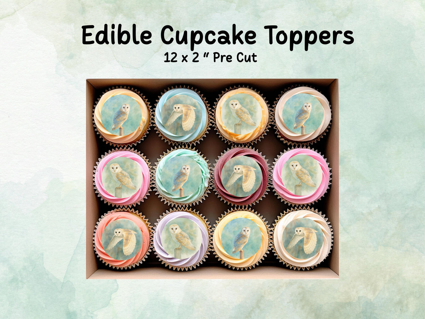 Barn Owl Edible Cupcake Toppers 12 x 2"– Pre cut Wafer Paper, Card or Icing Sheet, Barn Owl Birthday Cake Topper, Owl Birthday Cake