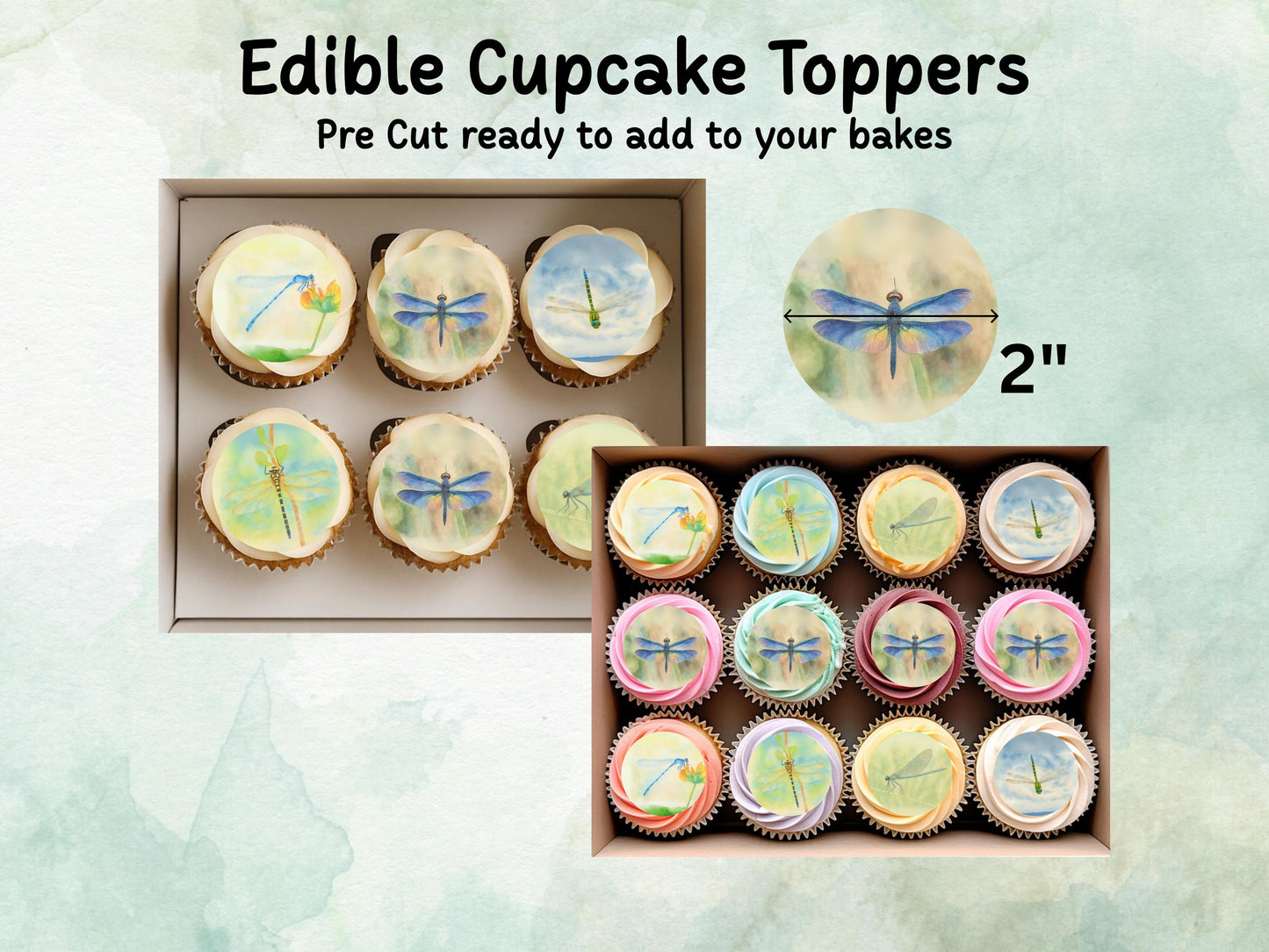 Dragonfly Edible Cupcake Toppers 12 x 2"– Pre cut Wafer Paper, Card or Icing Sheet, Dragonfly Birthday Cake Topper