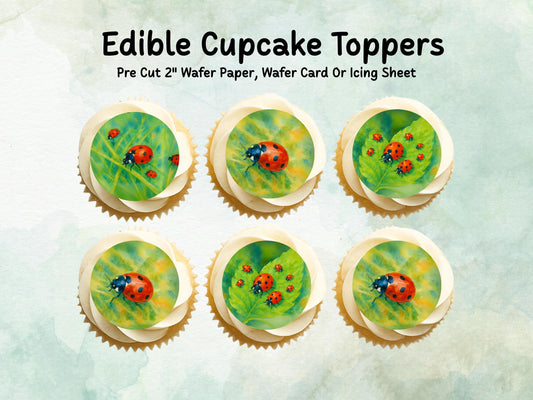 Ladybird Edible Cupcake Toppers 12 x 2"– Pre cut Wafer Paper, Card or Icing Sheet, Ladybug Birthday Cake Topper