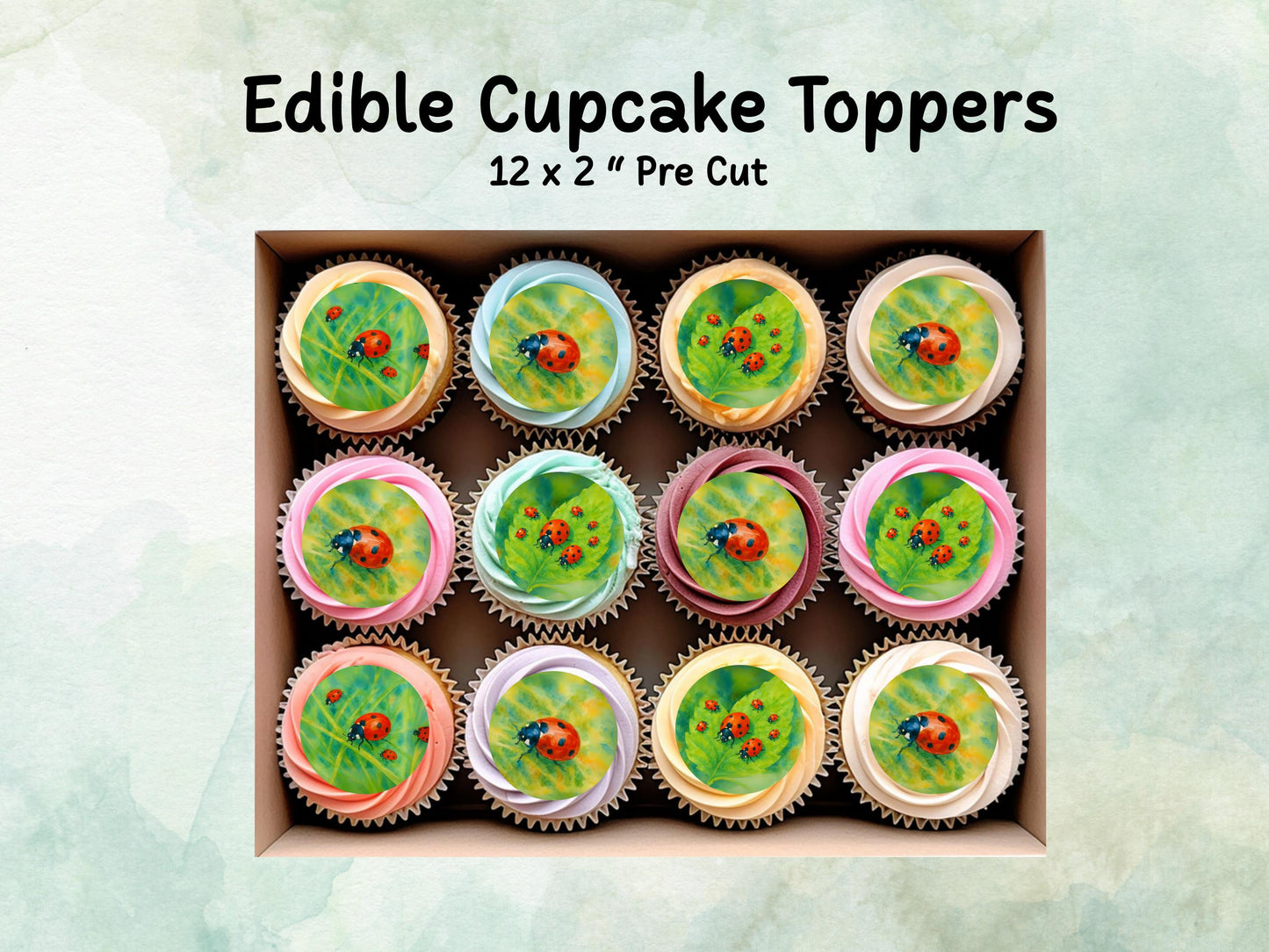 Ladybird Edible Cupcake Toppers 12 x 2"– Pre cut Wafer Paper, Card or Icing Sheet, Ladybug Birthday Cake Topper