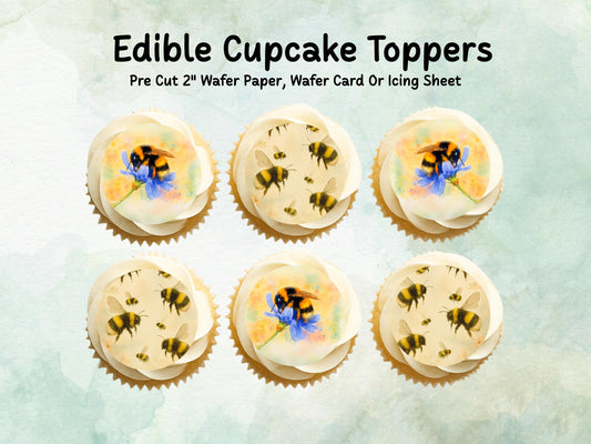 Bumble Bee Edible Cupcake Toppers 12 x 2"– Pre cut Wafer Paper, Card or Icing Sheet, Bumble Bee Birthday Cake Topper